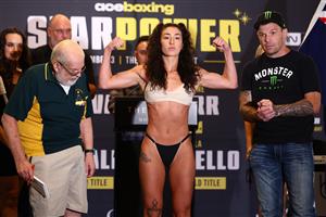 GOLD COAST, AUSTRALIA - DECEMBER 02: Jasmin Parr during the Ace Boxing Event weigh-ins at The Star Gold Coast on December 02, 2022 in Gold Coast, Australia. (Photo by Chris Hyde/Getty Images)