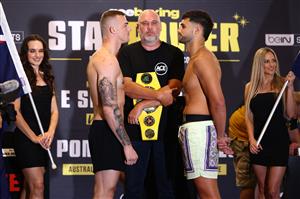 GOLD COAST, AUSTRALIA - DECEMBER 02: Ricky Esliva and Luke Modini face off during the Ace Boxing Event weigh-ins at The Star Gold Coast on December 02, 2022 in Gold Coast, Australia. (Photo by Chris Hyde/Getty Images)