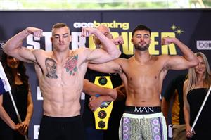 GOLD COAST, AUSTRALIA - DECEMBER 02: Ricky Esliva and Luke Modini face off during the Ace Boxing Event weigh-ins at The Star Gold Coast on December 02, 2022 in Gold Coast, Australia. (Photo by Chris Hyde/Getty Images)