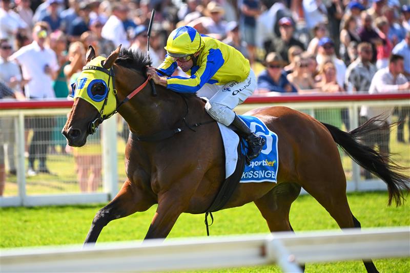MELBOURNE, AUSTRALIA - DECEMBER 03:  Damien Oliver riding Kissinger winning Race 7, the Sportsbet Pakenham Cup, during Melbourne Racing at Pakenham Racecourse on December 03, 2022 in Melbourne, Australia. (Photo by Vince Caligiuri/Getty Images)