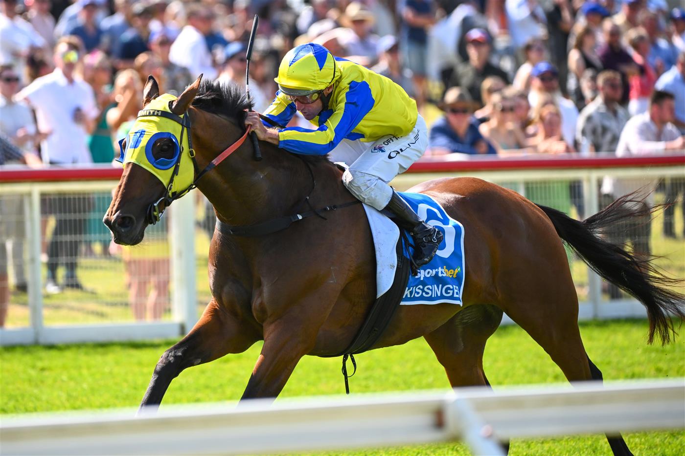 MELBOURNE, AUSTRALIA - DECEMBER 03:  Damien Oliver riding Kissinger winning Race 7, the Sportsbet Pakenham Cup, during Melbourne Racing at Pakenham Racecourse on December 03, 2022 in Melbourne, Australia. (Photo by Vince Caligiuri/Getty Images)