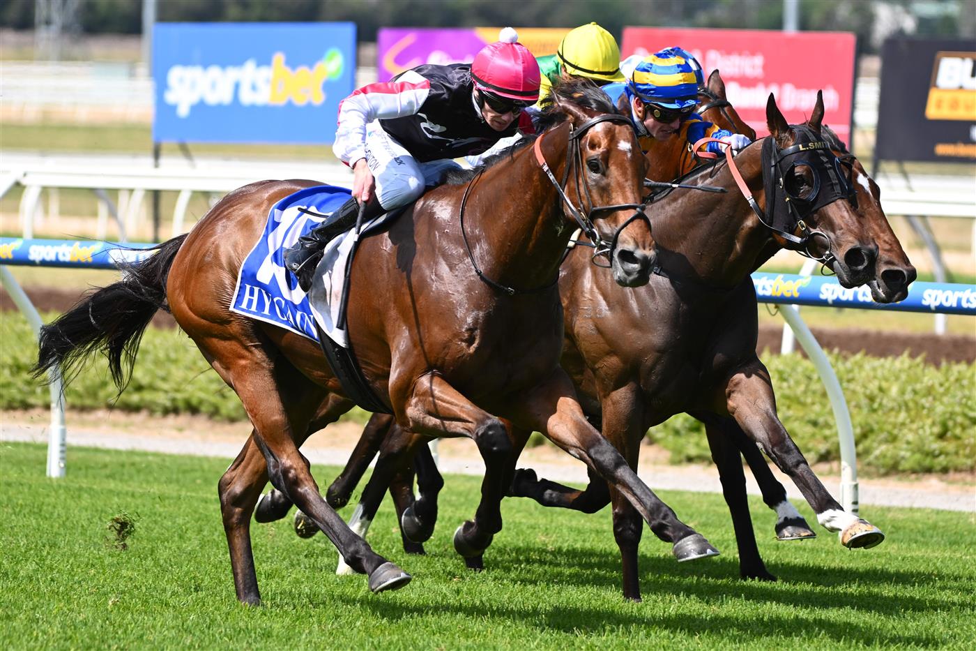 MELBOURNE, AUSTRALIA - DECEMBER 03:  Damien Thornton riding Umgawa winning Race 6, the Schweppes David Bourke Memorial Handicap, during Melbourne Racing at Pakenham Racecourse on December 03, 2022 in Melbourne, Australia. (Photo by Vince Caligiuri/Getty Images)