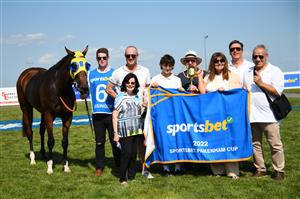 MELBOURNE, AUSTRALIA - DECEMBER 03: Kissinger poses with connectionsafter winning Race 7, the Sportsbet Pakenham Cup, during Melbourne Racing at Pakenham Racecourse on December 03, 2022 in Melbourne, Australia. (Photo by Vince Caligiuri/Getty Images)