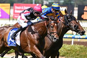MELBOURNE, AUSTRALIA - DECEMBER 03: Damien Thornton riding Umgawa winning Race 6, the Schweppes David Bourke Memorial Handicap, during Melbourne Racing at Pakenham Racecourse on December 03, 2022 in Melbourne, Australia. (Photo by Vince Caligiuri/Getty Images)