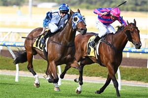 MELBOURNE, AUSTRALIA - DECEMBER 03: Ethan Brown riding Pal D'oro to win Race 8, the Racing.com VOBIS Gold Bullion, during Melbourne Racing at Pakenham Racecourse on December 03, 2022 in Melbourne, Australia. (Getty)