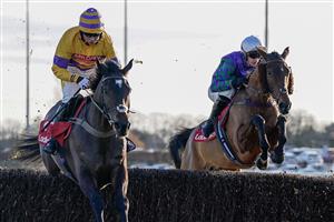 SUNBURY, ENGLAND - DECEMBER 26: Tom O'Brien riding Thyme Hill (R) on their way to winning The Ladbrokes Kauto Star Novices' Chase at Kempton Park Racecourse on December 26, 2022 in Sunbury, England. (Photo by Alan Crowhurst/Getty Images)