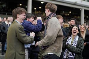 CHELTENHAM, ENGLAND - JANUARY 01: Racegoers delight at a winner at Cheltenham Racecourse on January 01, 2023 in Cheltenham, England. (Photo by Alan Crowhurst/Getty Images)
