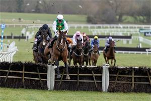 CHELTENHAM, ENGLAND - JANUARY 01: Sam Twiston-Davies riding Weveallbeencaught (green/white) clear the last to win The Ballymore Maiden Hurdle at Cheltenham Racecourse on January 01, 2023 in Cheltenham, England. (Photo by Alan Crowhurst/Getty Images)