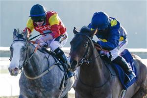 LINGFIELD, ENGLAND - JANUARY 21: Hayley Turner riding Harry Brown (yellow spots) win The talkSPORT Powered By Fans Handicap at Lingfield Park on January 21, 2023 in Lingfield, England. (Photo by Alan Crowhurst/Getty Images)