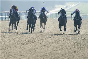 LINGFIELD, ENGLAND - JANUARY 21: Hayley Turner riding Harry Brown (2R, yellow spots) win The talkSPORT Powered By Fans Handicap at Lingfield Park on January 21, 2023 in Lingfield, England. (Photo by Alan Crowhurst/Getty Images)