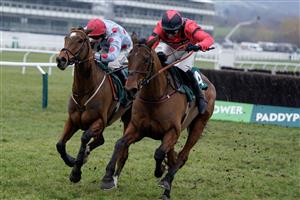 CHELTENHAM, ENGLAND - JANUARY 28: Derek Fox riding Ahoy Senor (red) clear the last to win The Paddy Power Cotswold Chase at Cheltenham Racecourse on January 28, 2023 in Cheltenham, England. (Photo by Alan Crowhurst/Getty Images)