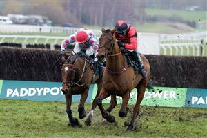 CHELTENHAM, ENGLAND - JANUARY 28: Derek Fox riding Ahoy Senor (red) clear the last to win The Paddy Power Cotswold Chase at Cheltenham Racecourse on January 28, 2023 in Cheltenham, England. (Photo by Alan Crowhurst/Getty Images)