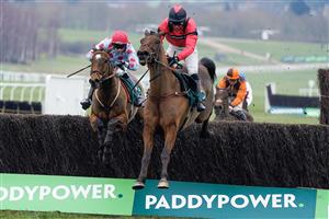 CHELTENHAM, ENGLAND - JANUARY 28: Derek Fox riding Ahoy Senor (red) clear the last to win The Paddy Power Cotswold Chase at Cheltenham Racecourse on January 28, 2023 in Cheltenham, England. (Photo by Alan Crowhurst/Getty Images)