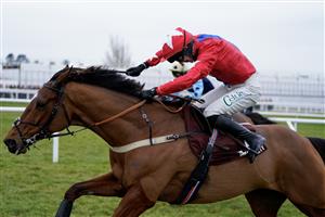 CHELTENHAM, ENGLAND - JANUARY 28: Niall Houlihan riding Editeur Du Gite (red) clear the last to win The Albert Bartlett Clarence House Chase at Cheltenham Racecourse on January 28, 2023 in Cheltenham, England. (Photo by Alan Crowhurst/Getty Images)