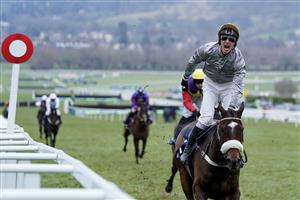 CHELTENHAM, ENGLAND - JANUARY 28: Johnny Charron riding Gold Tweet win The Dahlbury Stallions At Chapel Stud Cleeve Hurdle at Cheltenham Racecourse on January 28, 2023 in Cheltenham, England. (Photo by Alan Crowhurst/Getty Images)