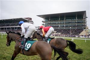 CHELTENHAM, ENGLAND - JANUARY 28: A general view as runners pass the grandstands at Cheltenham Racecourse on January 28, 2023 in Cheltenham, England. (Photo by Alan Crowhurst/Getty Images)