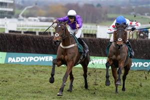 CHELTENHAM, ENGLAND - JANUARY 28: Harry Cobden riding Il Ridoto (R) clear the last to win The Paddy Power Cheltenham Countdown Podcast Handicap Chase at Cheltenham Racecourse on January 28, 2023 in Cheltenham, England. (Photo by Alan Crowhurst/Getty Images)