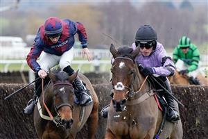 CHELTENHAM, ENGLAND - JANUARY 28: Harry Cobden riding Stage Star clear the last to win The Timeform Novices