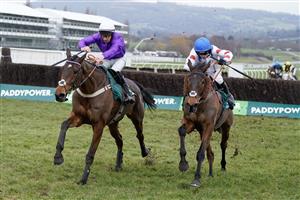 CHELTENHAM, ENGLAND - JANUARY 28: Harry Cobden riding Il Ridoto (R) clear the last to win The Paddy Power Cheltenham Countdown Podcast Handicap Chase at Cheltenham Racecourse on January 28, 2023 in Cheltenham, England. (Photo by Alan Crowhurst/Getty Images)