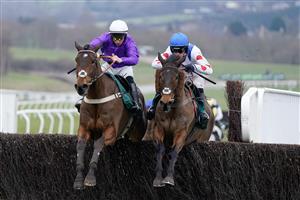 CHELTENHAM, ENGLAND - JANUARY 28: Harry Cobden riding Il Ridoto (R) clear the last to win The Paddy Power Cheltenham Countdown Podcast Handicap Chase at Cheltenham Racecourse on January 28, 2023 in Cheltenham, England. (Photo by Alan Crowhurst/Getty Images)