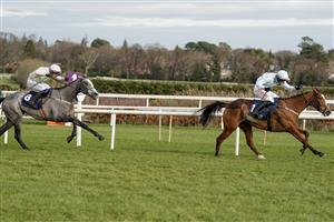 DUBLIN, IRELAND - FEBRUARY 04: Danny Mullins riding Gala Marceau clear the last to win The Donohue Marquees Spring Juvenile Hurdle from Lossiemouth at Leopardstown Racecourse on February 04, 2023 in Dublin, Ireland. (Photo by Alan Crowhurst/Getty Images)