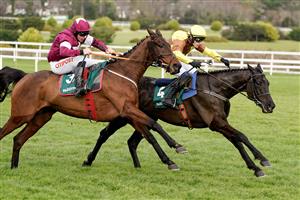 DUBLIN, IRELAND - FEBRUARY 04: Paul Townend riding Galopin Des Champs (R) clear the last to win The Paddy Power Irish Gold Cup at Leopardstown Racecourse on February 04, 2023 in Dublin, Ireland. (Photo by Alan Crowhurst/Getty Images)