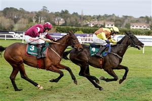 DUBLIN, IRELAND - FEBRUARY 04: Paul Townend riding Galopin Des Champs (R) clear the last to win The Paddy Power Irish Gold Cup at Leopardstown Racecourse on February 04, 2023 in Dublin, Ireland. (Photo by Alan Crowhurst/Getty Images)