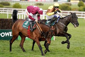 DUBLIN, IRELAND - FEBRUARY 04: Paul Townend riding Galopin Des Champs (R) clear the last to win The Paddy Power Irish Gold Cup at Leopardstown Racecourse on February 04, 2023 in Dublin, Ireland. (Photo by Alan Crowhurst/Getty Images)