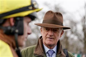 DUBLIN, IRELAND - FEBRUARY 04: Willie Mullins (R) with Paul Townend after Galopin Des Champs wins The Paddy Power Irish Gold Cup at Leopardstown Racecourse on February 04, 2023 in Dublin, Ireland. (Photo by Alan Crowhurst/Getty Images)