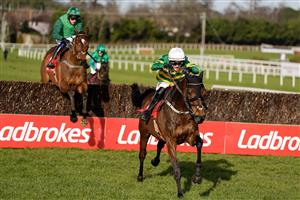 DUBLIN, IRELAND - FEBRUARY 05: Danny Mullins riding Gentleman De Mee clear the last to win The Ladbrokes Dublin Chase at Leopardstown Racecourse on February 05, 2023 in Dublin, Ireland. (Photo by Alan Crowhurst/Getty Images)