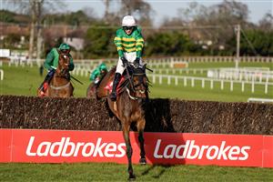 DUBLIN, IRELAND - FEBRUARY 05: Danny Mullins riding Gentleman De Mee clear the last to win The Ladbrokes Dublin Chase at Leopardstown Racecourse on February 05, 2023 in Dublin, Ireland. (Photo by Alan Crowhurst/Getty Images)