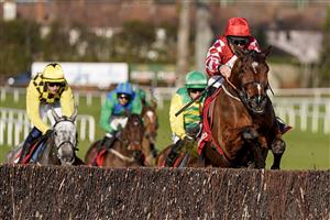 DUBLIN, IRELAND - FEBRUARY 05: Davy Russell riding Mighty Potter clear the last to win The Ladbrokes Novice Chase at Leopardstown Racecourse on February 05, 2023 in Dublin, Ireland. (Photo by Alan Crowhurst/Getty Images)