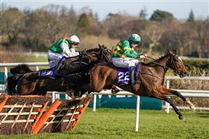 DUBLIN, IRELAND - FEBRUARY 05: Simon Torrens riding Ballybawn Belter (R) clear the last to win The Irish Stallion Farms EBF Paddy Mullins Mares Handicap Hurdle at Leopardstown Racecourse on February 05, 2023 in Dublin, Ireland. (Photo by Alan Crowhurst/Getty Images)