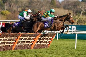 DUBLIN, IRELAND - FEBRUARY 05: Simon Torrens riding Ballybawn Belter (R) clear the last to win The Irish Stallion Farms EBF Paddy Mullins Mares Handicap Hurdle at Leopardstown Racecourse on February 05, 2023 in Dublin, Ireland. (Photo by Alan Crowhurst/Getty Images)
