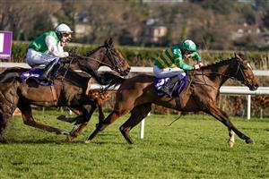 DUBLIN, IRELAND - FEBRUARY 05: Simon Torrens riding Ballybawn Belter (R) clear the last to win The Irish Stallion Farms EBF Paddy Mullins Mares Handicap Hurdle at Leopardstown Racecourse on February 05, 2023 in Dublin, Ireland. (Photo by Alan Crowhurst/Getty Images)