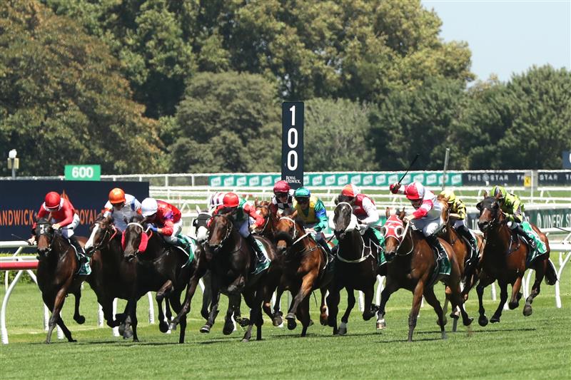 SYDNEY, AUSTRALIA - FEBRUARY 11: Tyler Schiller riding Amarantz wins Race 2 TAB Highway during the Inglis Millennium Day - Sydney Racing at Royal Randwick Racecourse on February 11, 2023 in Sydney, Australia. (Photo by Jeremy Ng/Getty Images)