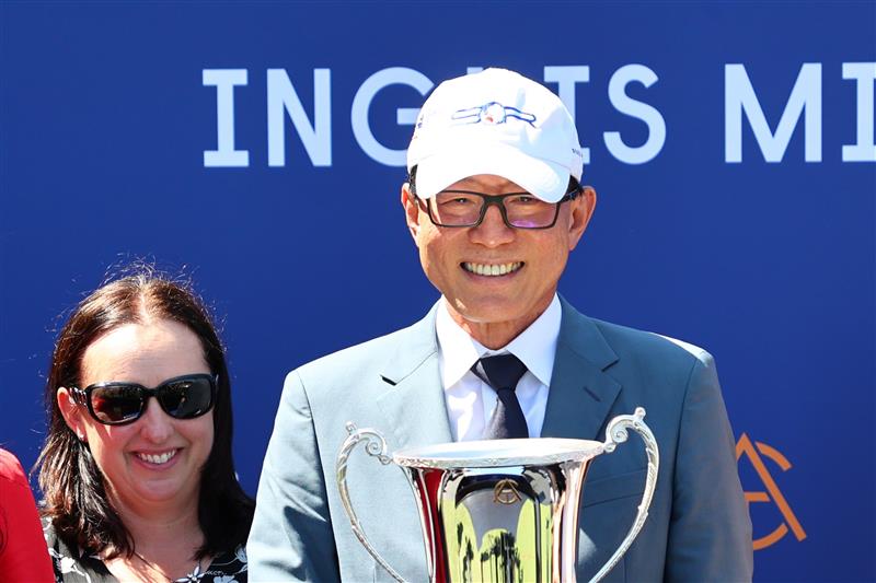 SYDNEY, AUSTRALIA - FEBRUARY 11: Owner Teo Ah Khing celebrates Quantico  winning Race 5 Davali Thoroughbreds Southern Cross Stakes during the Inglis Millennium Day - Sydney Racing at Royal Randwick Racecourse on February 11, 2023 in Sydney, Australia. (Photo by Jeremy Ng/Getty Images)