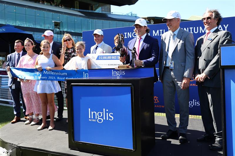 SYDNEY, AUSTRALIA - FEBRUARY 11: Trainers and owners celebrate as Chad Schofield riding Learning To Fly wins the Inglis Millennium during Sydney Racing at Royal Randwick Racecourse on February 11, 2023 in Sydney, Australia. (Photo by Jeremy Ng/Getty Images)