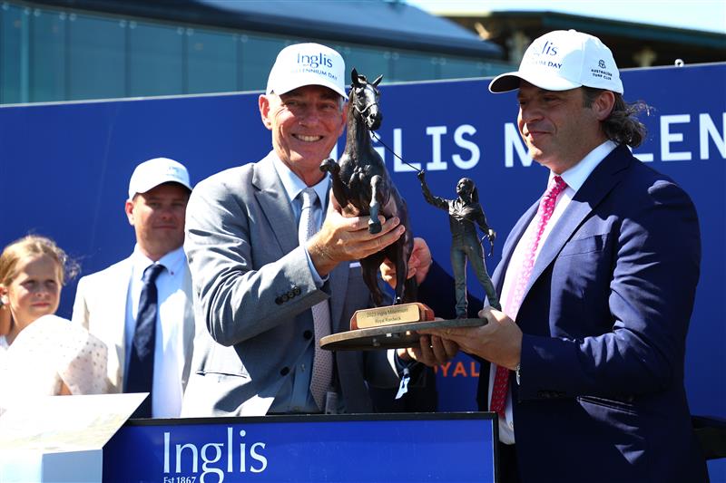SYDNEY, AUSTRALIA - FEBRUARY 11: Owner Tom Magnier celebrates as Chad Schofield riding Learning To Fly wins the Inglis Millennium during Sydney Racing at Royal Randwick Racecourse on February 11, 2023 in Sydney, Australia. (Photo by Jeremy Ng/Getty Images)