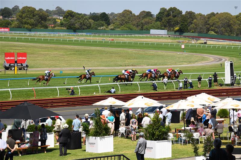 MELBOURNE, AUSTRALIA - FEBRUARY 11: Craig Williams riding Rich Fortune winning Race 5, the Senet Kevin Hayes Stakes,  during Melbourne Racing at Sandown Hillside on February 11, 2023 in Melbourne, Australia. (Photo by Vince Caligiuri/Getty Images)