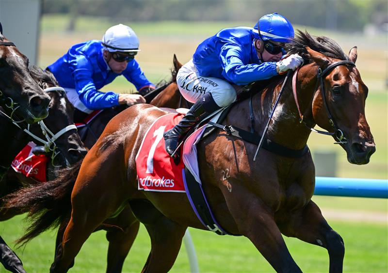 MELBOURNE, AUSTRALIA - FEBRUARY 11: Jamie Kah riding Barber defeats Little Brose and Corniche in Race 3, the Ladbrokes Blue Diamond Prelude C&g, during Melbourne Racing at Sandown Hillside on February 11, 2023 in Melbourne, Australia. (Photo by Vince Caligiuri/Getty Images)