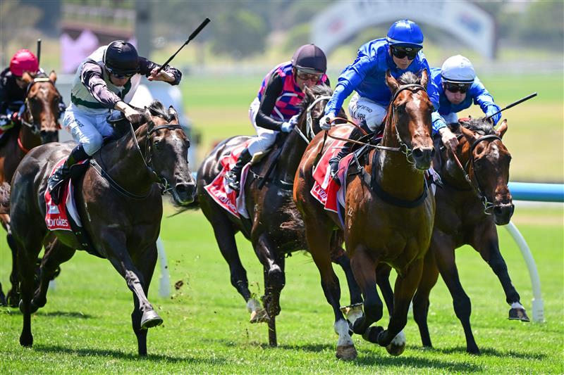 MELBOURNE, AUSTRALIA - FEBRUARY 11: Jamie Kah riding Barber defeats Little Brose and Corniche in Race 3, the Ladbrokes Blue Diamond Prelude C&g, during Melbourne Racing at Sandown Hillside on February 11, 2023 in Melbourne, Australia. (Photo by Vince Caligiuri/Getty Images)