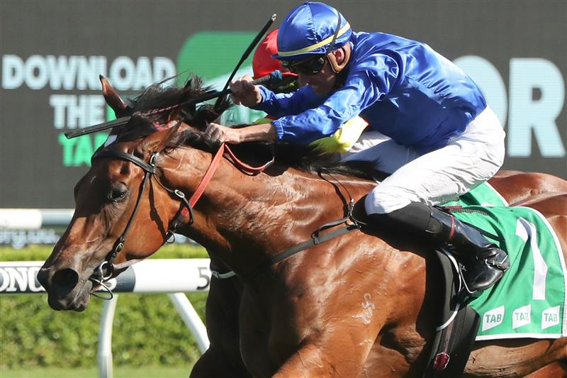 SYDNEY, AUSTRALIA - FEBRUARY 11: Nash Rawiller riding In Secret wins Race 7 TAB Light Fingers Stakes during the Inglis Millennium Day - Sydney Racing at Royal Randwick Racecourse on February 11, 2023 in Sydney, Australia. (Photo by Jeremy Ng/Getty Images)