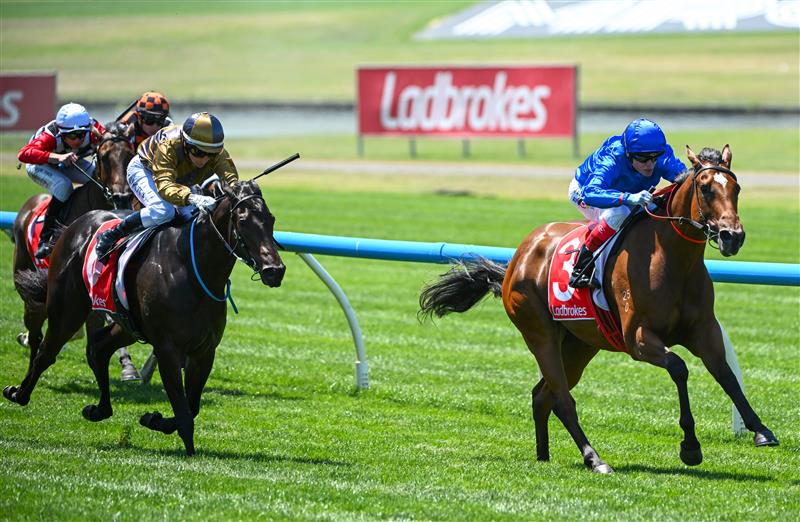 MELBOURNE, AUSTRALIA - FEBRUARY 11: Craig Williams riding Exploring defeats Nikita Beriman riding Party For Two in Race 4,  the Ladbrokes Blue Diamond Prelude Fillies, during Melbourne Racing at Sandown Hillside on February 11, 2023 in Melbourne, Australia. (Photo by Vince Caligiuri/Getty Images)