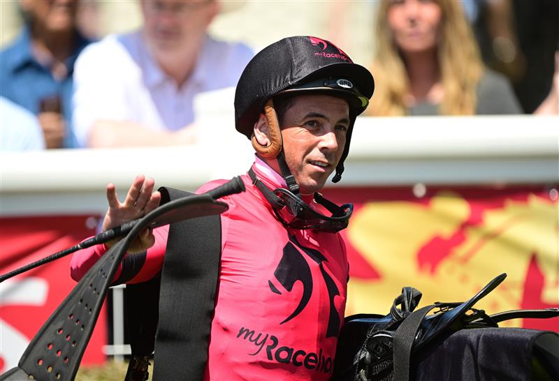 MELBOURNE, AUSTRALIA - FEBRUARY 11: Dean Holland riding So Unusual after winning Race 1, Premier Signs Handicap during Melbourne Racing at Sandown Hillside on February 11, 2023 in Melbourne, Australia. (Photo by Vince Caligiuri/Getty Images)