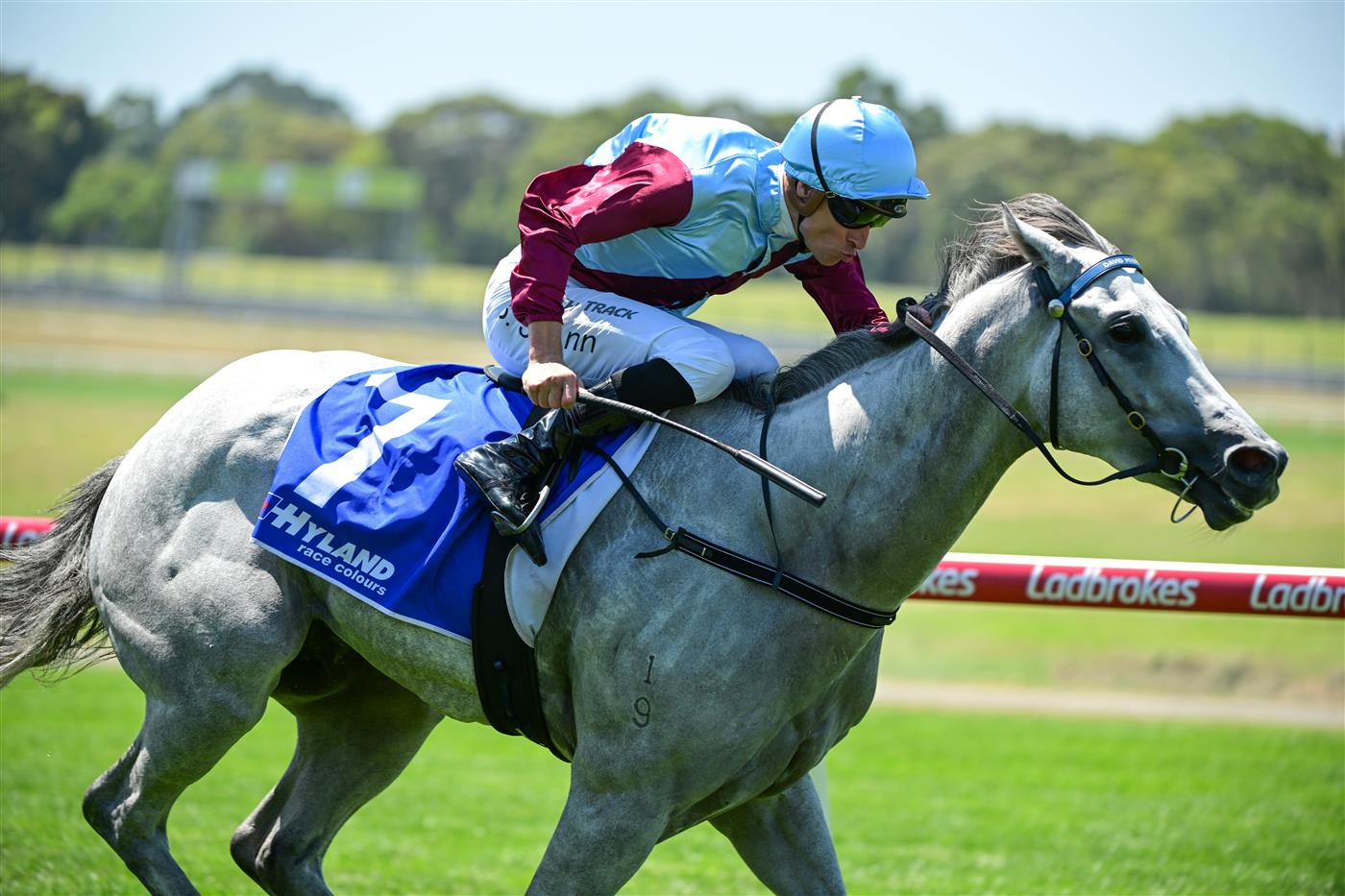 MELBOURNE, AUSTRALIA - FEBRUARY 11: Blake Shinn riding Glint of Silver winning Race 2, the Hyland Race Colours Autumn Stakes, during Melbourne Racing at Sandown Hillside on February 11, 2023 in Melbourne, Australia. (Photo by Vince Caligiuri/Getty Images)