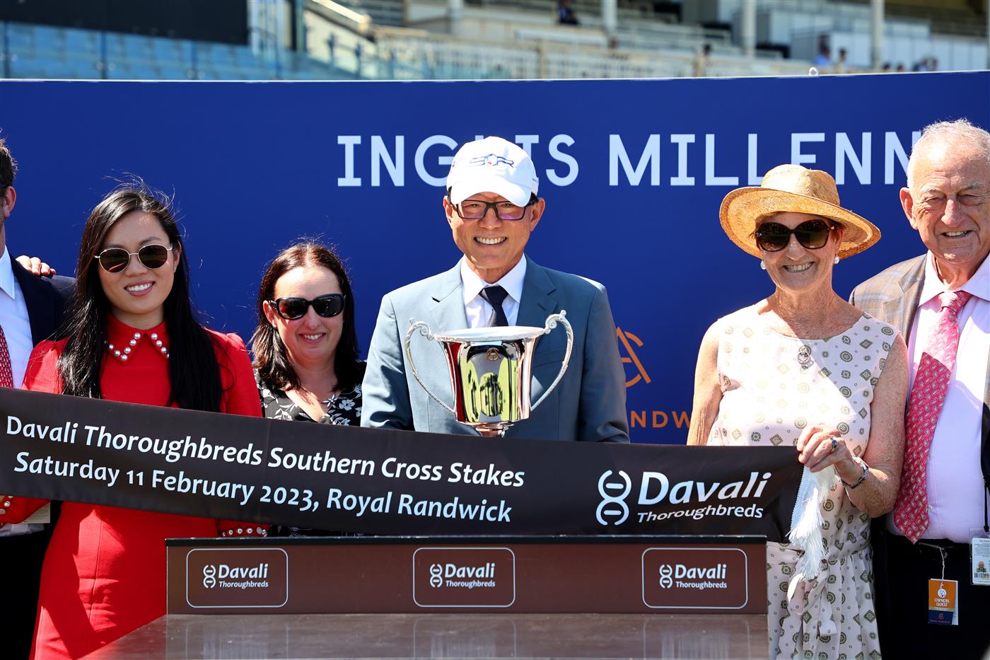 SYDNEY, AUSTRALIA - FEBRUARY 11: Owner Teo Ah Khing celebrates Quantico  winning Race 5 Davali Thoroughbreds Southern Cross Stakes during the Inglis Millennium Day - Sydney Racing at Royal Randwick Racecourse on February 11, 2023 in Sydney, Australia. (Photo by Jeremy Ng/Getty Images)