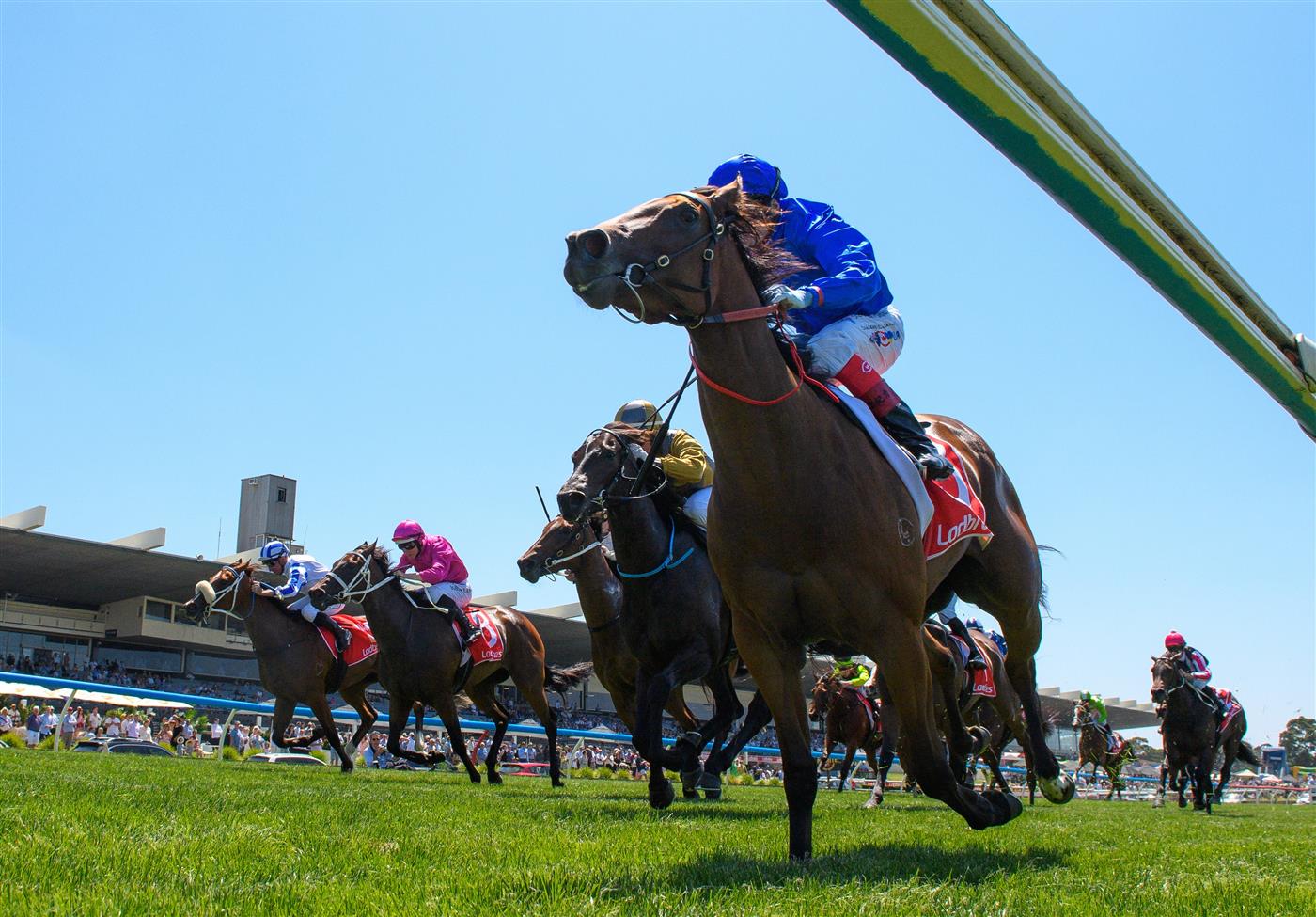 MELBOURNE, AUSTRALIA - FEBRUARY 11: Craig Williams riding Exploring winning Race 4,  the Ladbrokes Blue Diamond Prelude Fillies, during Melbourne Racing at Sandown Hillside on February 11, 2023 in Melbourne, Australia. (Photo by Vince Caligiuri/Getty Images)