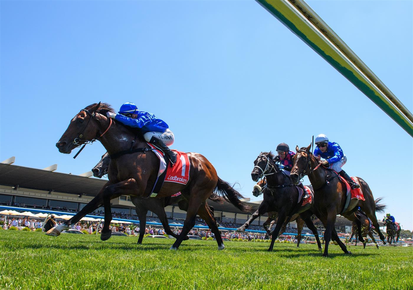 MELBOURNE, AUSTRALIA - FEBRUARY 11: Jamie Kah riding Barber winning Race 3, the Ladbrokes Blue Diamond Prelude C&g, during Melbourne Racing at Sandown Hillside on February 11, 2023 in Melbourne, Australia. (Photo by Vince Caligiuri/Getty Images)