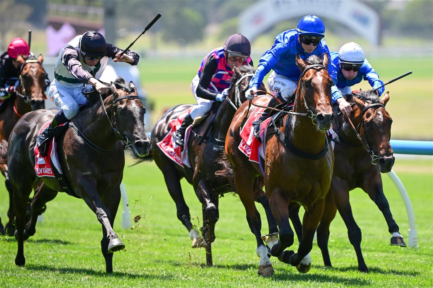 MELBOURNE, AUSTRALIA - FEBRUARY 11: Jamie Kah riding Barber defeats Little Brose and Corniche in Race 3, the Ladbrokes Blue Diamond Prelude C&g, during Melbourne Racing at Sandown Hillside on February 11, 2023 in Melbourne, Australia. (Photo by Vince Caligiuri/Getty Images)